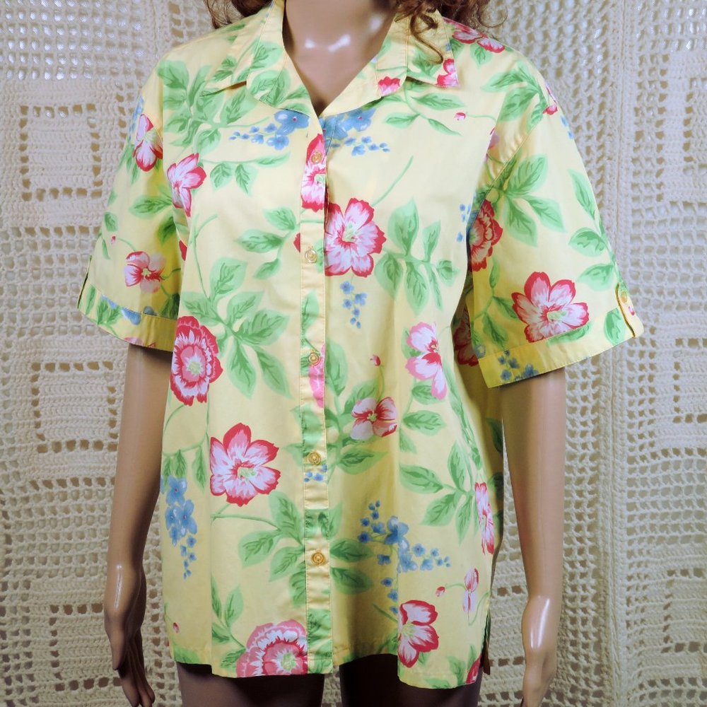 Bobbie Brooks Coconut Girl Shirt Size Large Yellow Floral Tropical Buttoned Vtg